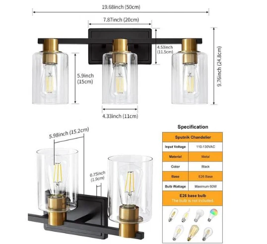 Deyidn Farmhouse 19.68 in. 3-Light Black and Gold Modern Industrial Dresser Lamp - Image 4 of 4