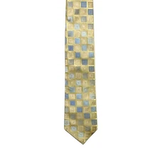Perry Ellis Portfolio Men Silk Tie Blue Yellow Squares Geometric USA Office Work