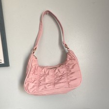 Small Solid Pink Ruched Crescent Shoulder Bag for Women with Gold Hardware