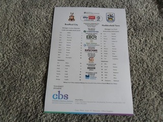 BRADFORD CITY VS HUDDERSFIELD TOWN COLOUR TEAMSHEET 13/09/25 SKY BET LEAGUE ONE