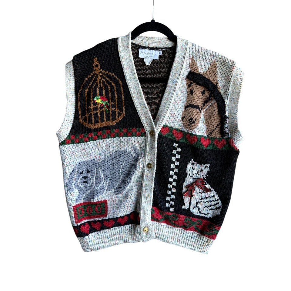A genuine vintage novelty animal-print knit vest — the kind of grandma-chic statement piece that's totally back in style and impossible to find new.
