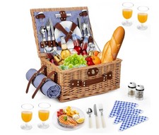 WICKER PICNIC BASKET SET FOR 4 PEOPLE - BLUE