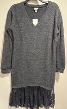 A New Day Women’s XS Gray Sweater Dress Lace Hem V-Neck Long Sleeve NWT