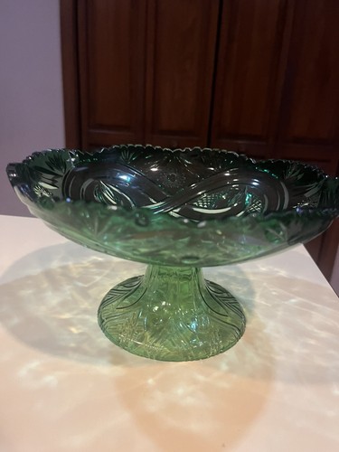 Cobalt Blue Pedestal Bowl with Sawtooth Edges TWO Plastic Green Party Candy - Picture 4 of 12