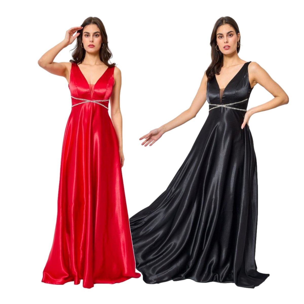 Vestido Largo Noche Mujer Abocinada Efecto Satén con Pedrería sin Mangas Nuevo