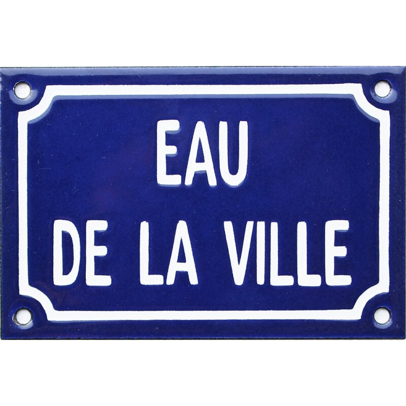 Plaque émaillée EAU DE LA VILLE 10x15cm signalisation de rue pochoir bleu et blanc