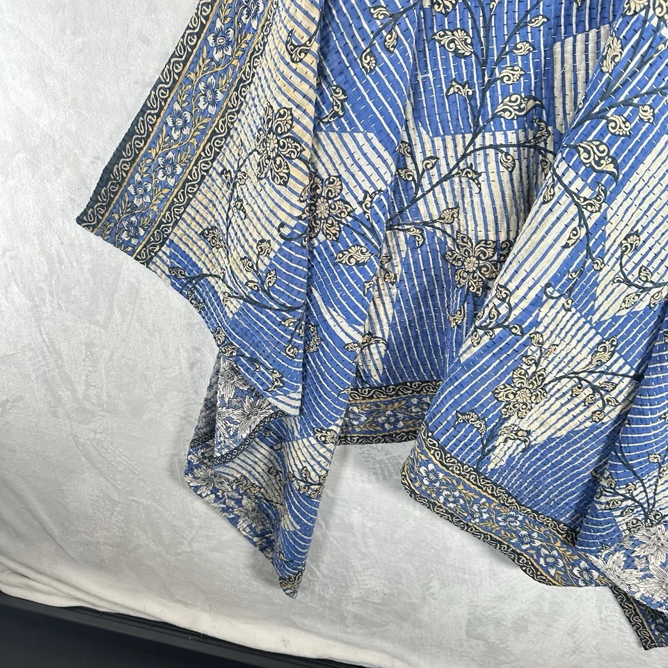 Vintage Blanket Blue Floral Patchwork Hand Stitched Sashiko Throw 38x80 Boho - Image 4 of 4