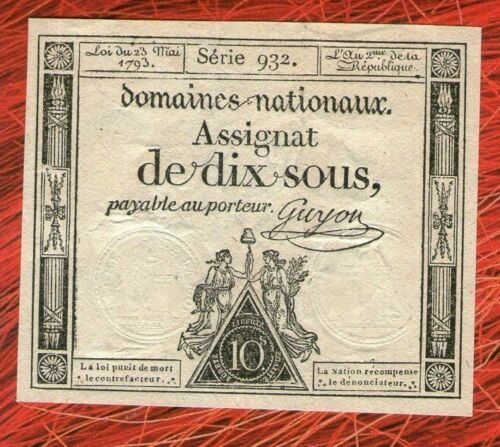 France ASSIGNAT FRENCH REVOLUTION 10 sols livres 1793 ( No116) great quality - Picture 1 of 2