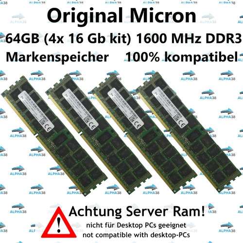 64 GB (4x 16 GB) Rdimm ECC Reg DDR3-1600 Supermicro 1U 6017R-TDF Serveur RAM