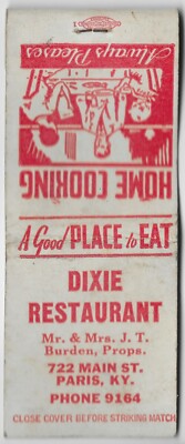 VINTAGE MATCH BOOK COVER DIXIE RESTAURANT PARIS KY PHONE 4 DIGITS | eBay