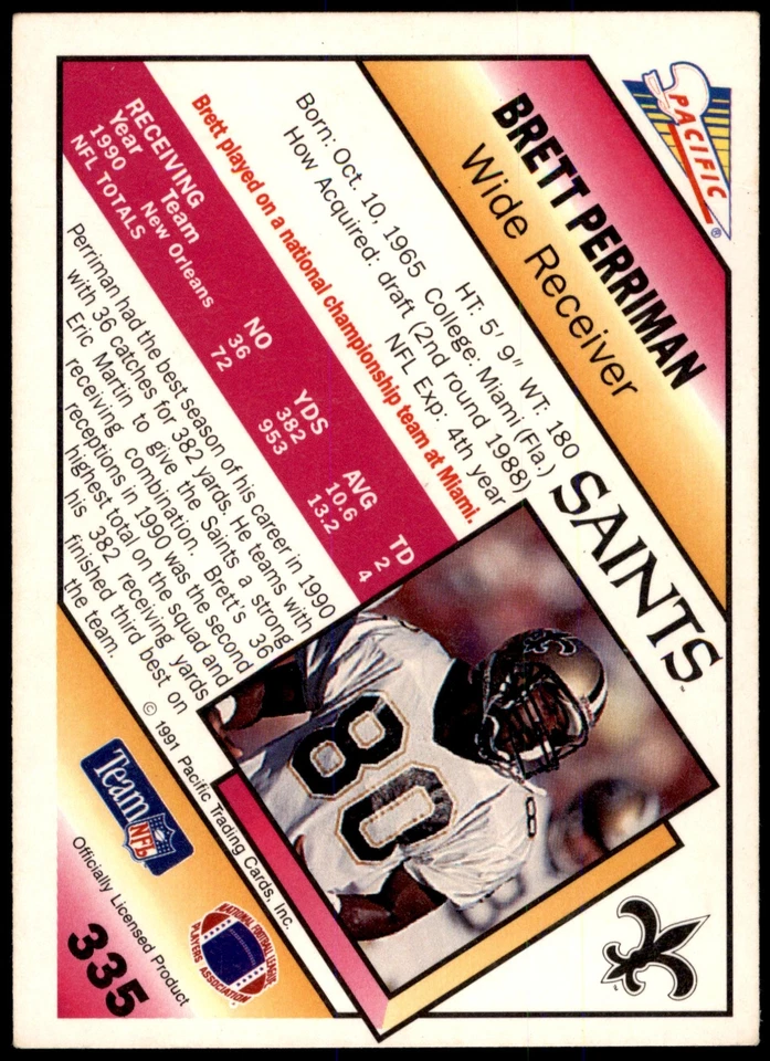 Brett Perriman #335 1991 Pacific - Image 2 of 2