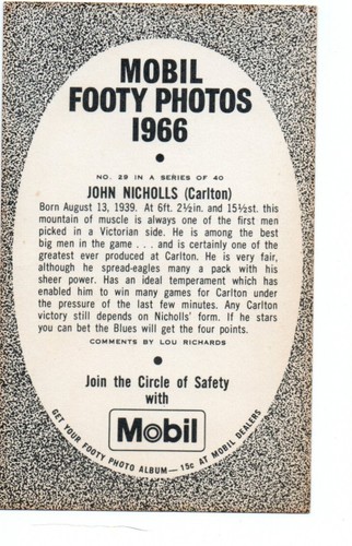 1966 Mobil Footy Photos (29 of 40) John NICHOLLS Carlton - Imagen 2 de 2