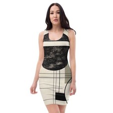 Womens Stretch Fit Bodycon Dress - Abstract Black Beige Brown