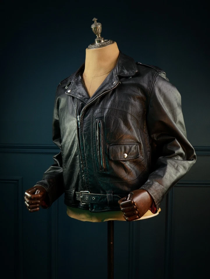 Vintage 60s Sears Oakbrook Steerhide 50s D Pocket Motorcycle Leather Jacket "M" - Image 2 of 4