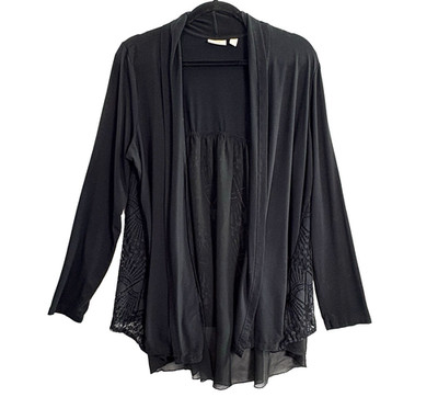 LOGO Lavish Women Rosa Lace Chiffon Open Long Sleeve Sweater Sz L Black 19-1