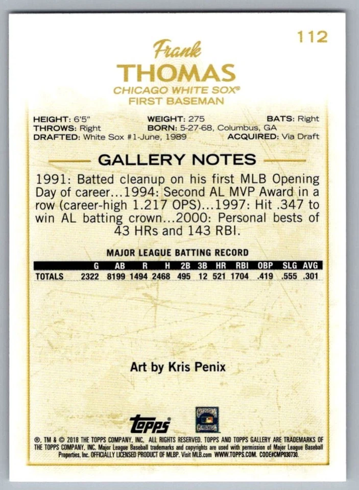 2018 Topps Gallery Frank Thomas Chicago White Sox #112 - Image 2 of 2
