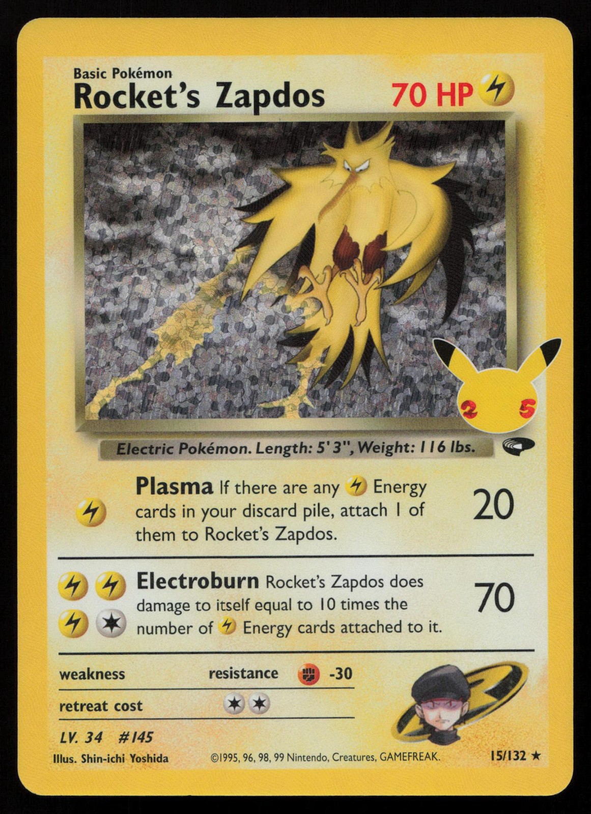 Rocket's Zapdos 15/132 holo Celebrations: Classic Collection Pokemon NM