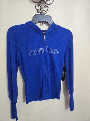 bebe Blue Hooded Full Zip Knit Sweater Women's Long Sleeve Size S