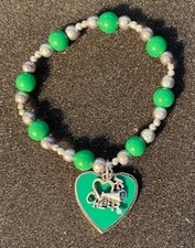 Love to Cheer Cheerleader Green Silver beads with Green Heart Silver Charm