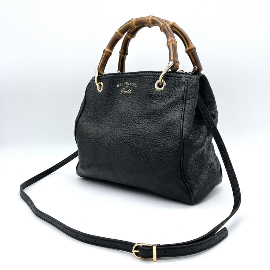 GUCCI Bamboo Shopper Small Black Leather 2-Way Handbag Authentic