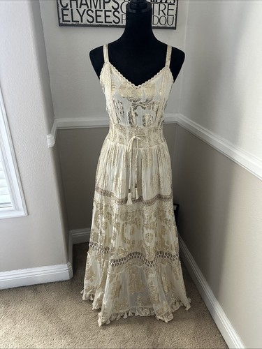 NWT Me 2 Magic Anthropologie Maxi Dress Crochet Beige & Lurex Gold Floral Boho M