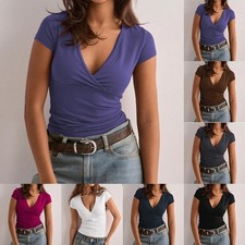 Casual Women's V-Neck Short Sleeve T-Shirt for Slim Fit Solid Pullover Top
