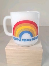 Rare Vintage Glasbake Milk Glass Good Morning Rainbow Coffee Mug