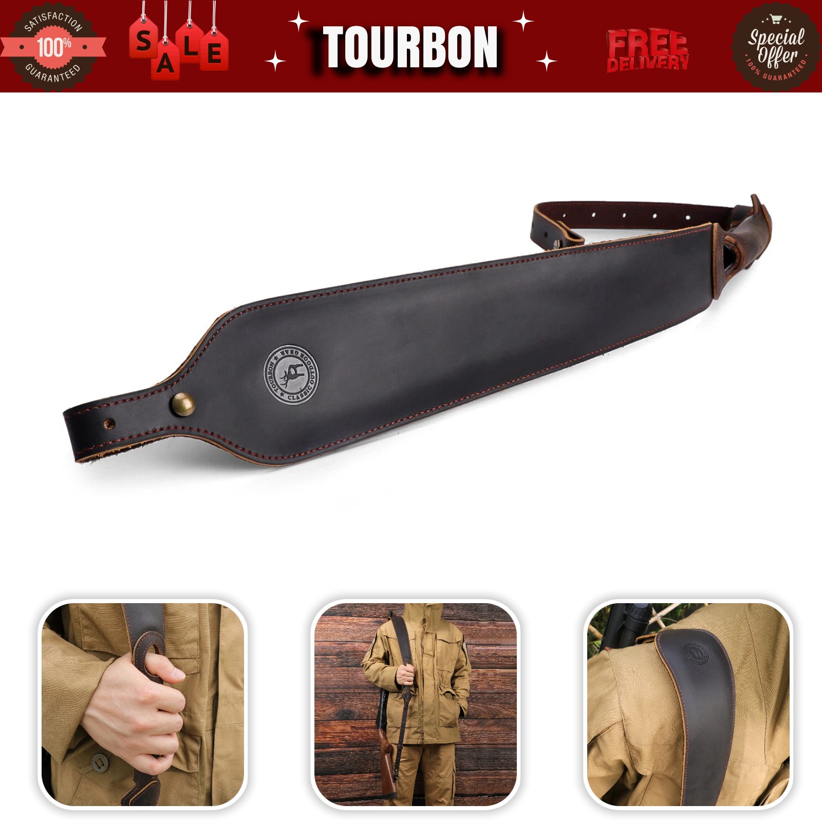 TOURBON Retro Leather Rifle Sling Gun Carry Strap Hand Rest Adjustable Padded