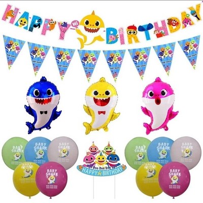 Baby Hai Geburtstag Party Deko Banner Cake Topper Luftballons All in One Set