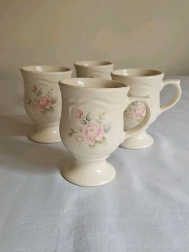 Pfaltzgraff Tea Rose Pedestal Coffee Mugs 5" White Floral Set Of 4 Cups Vintage