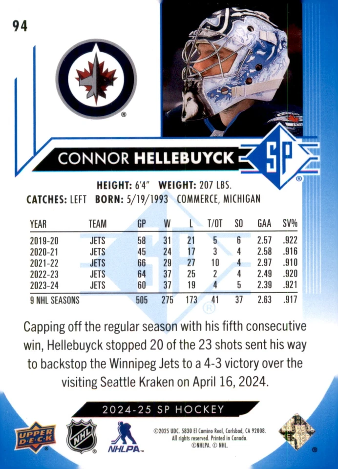 2024-25 SP #94 Connor Hellebuyck Blue - Image 2 of 2