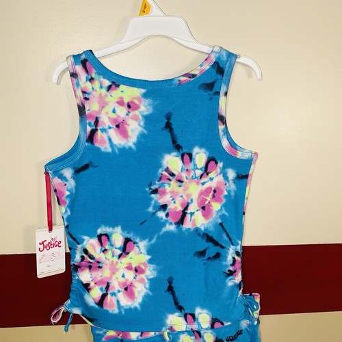 Justice Girls Tank & Short Set Outfit Sz Large 12/14 Tie Dye Teal Cinch SidesNEW - Picture 3 of 13