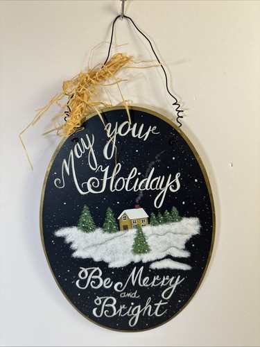 Hand Painted Holiday Black Wood Wall Sign Hanging Oval 10 L x 7" W Free Shipping