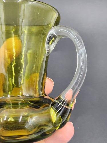 Vintage Pilgrim Hand Blown Green Glass Optic Mini Pitcher w/Applied Clear Handle - Picture 9 of 12