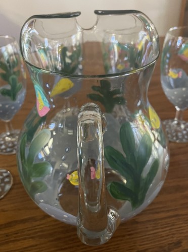 Vintage Hand Painted 8 Glasses Pitcher Tropical Ocean Fish Goblets Barware - Picture 2 of 17