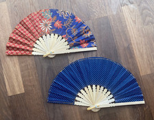 2 Blue Red Fans Hand Bamboo Cloth Handmade Indonesia New Avenico Polka Dot 628c
