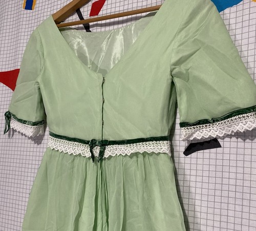 Vintage 50s Silk Chiffon Dress Green Lace Organza Velvet Ribbon 60s Maxi - Picture 10 of 20