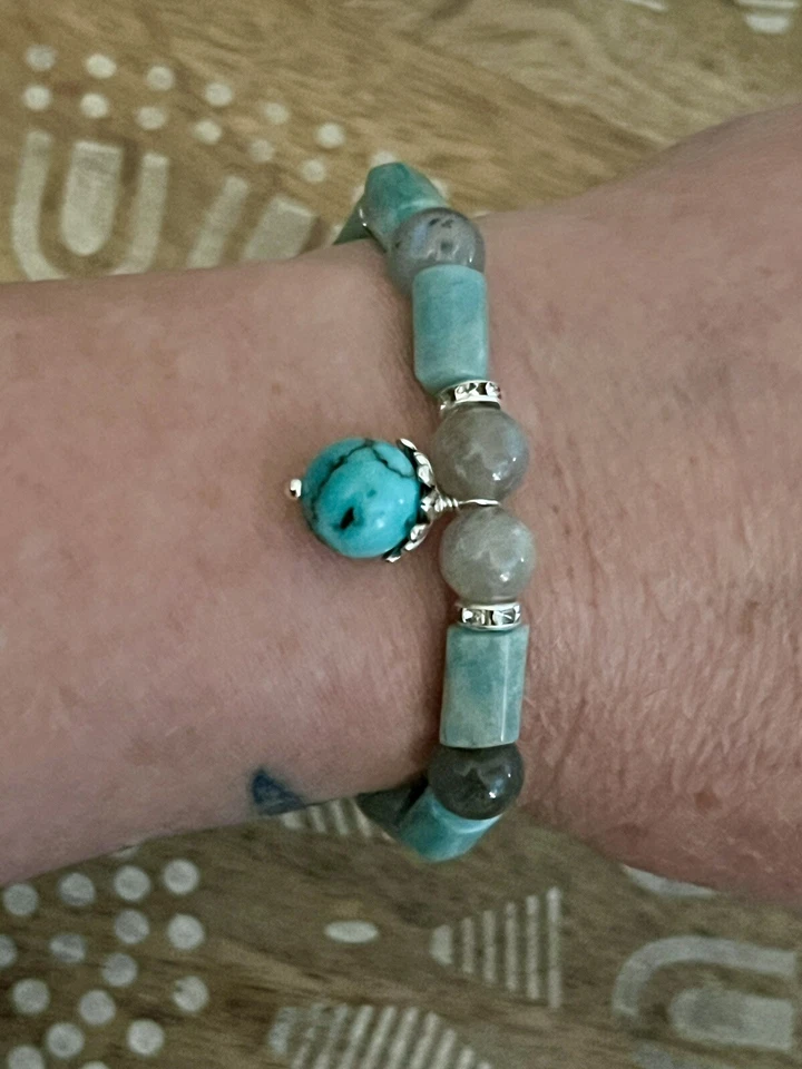 Gorgeous Flash Labradorite, Amazonite & Turquoise Charm Bracelet - Image 2 of 4