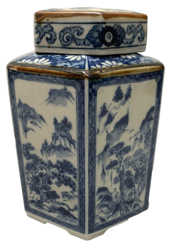 Porcelain Tea Caddy Jar Toscany Collection Japan Asian Blue Hexagon - Picture 2 of 5