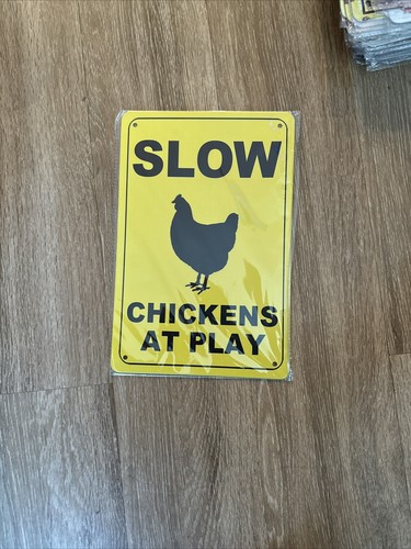 Funny Vintage Chicken Metal Sign Slow Chicken Play Tin Sign Chicken Cross 8x12 - Picture 2 of 3
