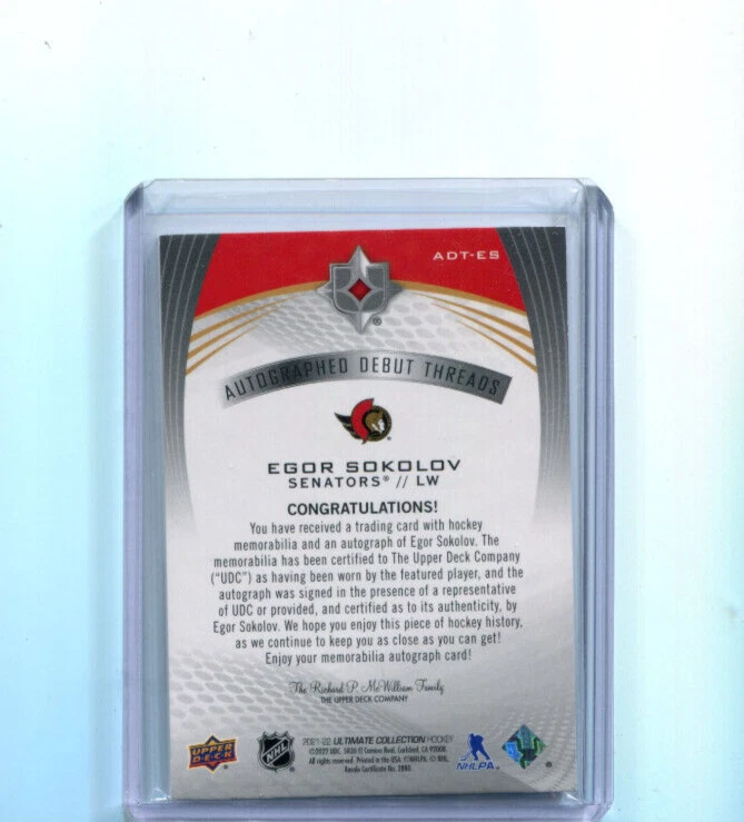 2021-22 Upper Deck Ultimate Debut Threads Egor Sokolov Rookie Auto Patch 73/99 - Image 2 of 2