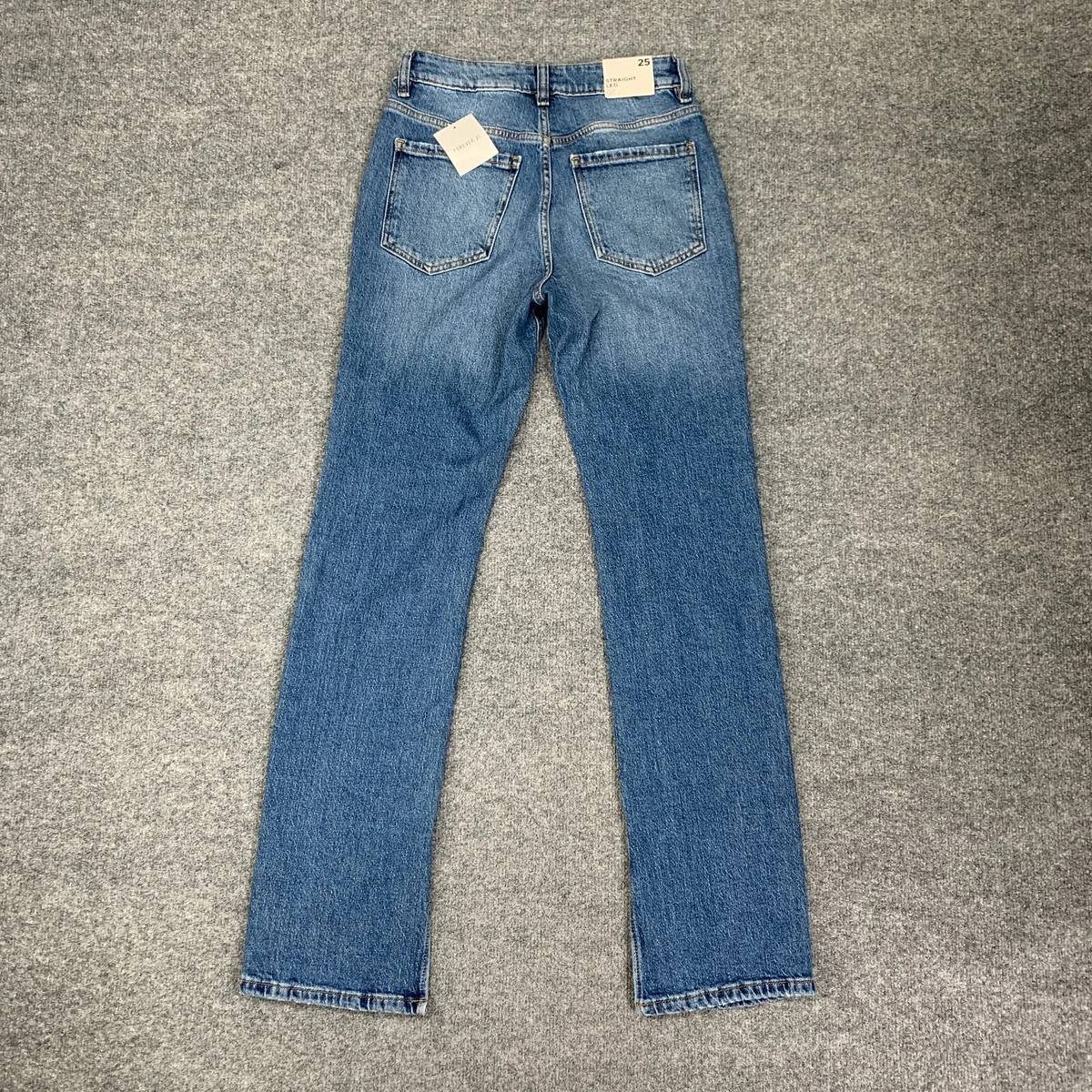 Pantalones de mezclilla Forever 21 para mujer 25 azules rectos tiro alto elásticos abertura al tobillo cremallera mosca