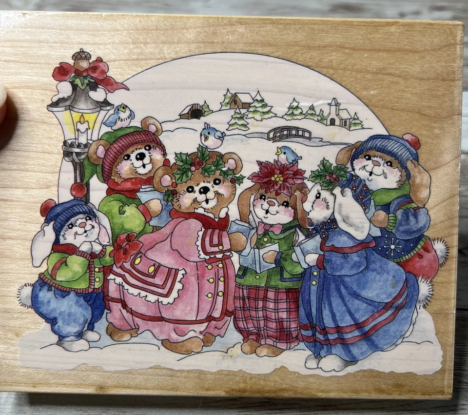 Lote de 2 estampillas de goma de madera Happen "Clover Hill" (década de 1990) de colección osos/conejitos Foto 2 de 4