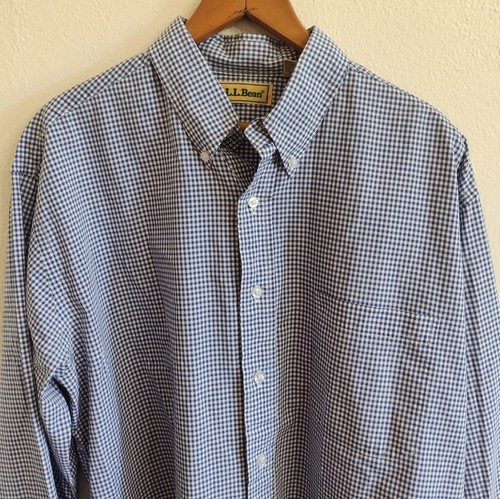 Vintage LL Bean Cotton Button Up Shirt Long Sleeve Blue White Gingham Check Sz L - Picture 2 of 6