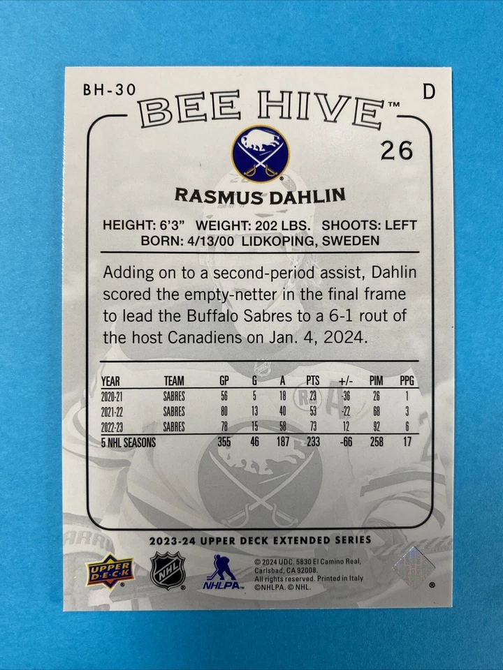 2023-24 Upper Deck Extended Series Bee Hive Rasmus Dahlin #BH-30 Buffalo Sabres - Image 2 of 2