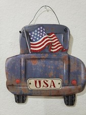 4TH OF July Patriotic Rustic Blue Truck Farmhouse Door Wall Sign Decor 11.5"