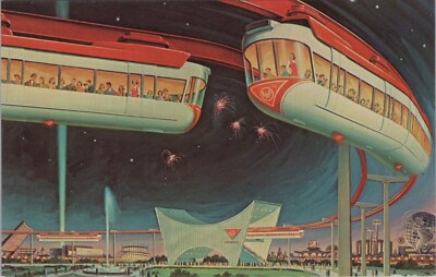 AMF Monorail Night View 1964 Worlds Fair Artist Rendering New York postcard CP4