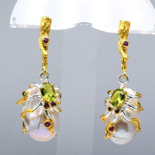 💎 Natural Pearl & Gemstone Earring in 925 Sterling Silver (White & Gold Plated) - 第 1/10 張圖片