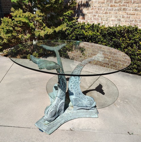 Vintage round garden table patina Bronze Dolphin Base 48" Glass Top Antique