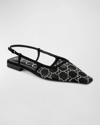 Gucci Crystal GG Monogram Demi Mesh Slingback Ballerina Flat Sandals Shoes $990